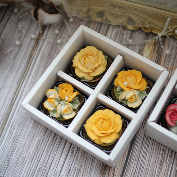 (風呂敷ラッピング)あんフラワークッキー(黄色のバラ)４個入 誕生日プレゼント　食べられるお花！ 3枚目の画像