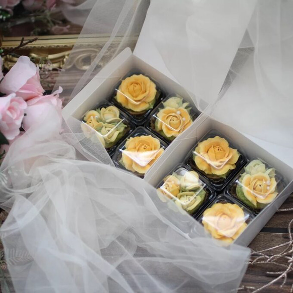 (風呂敷ラッピング)あんフラワークッキー(黄色のバラ)４個入 誕生日プレゼント　食べられるお花！ 4枚目の画像