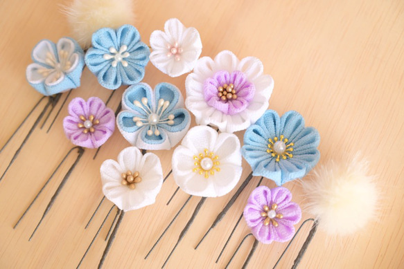 オーダー専用⑪髪飾りＵピン付☆つまみ細工 髪飾り 成人式 つまみ髪飾り Uピン 12点セット 「フラワーポット