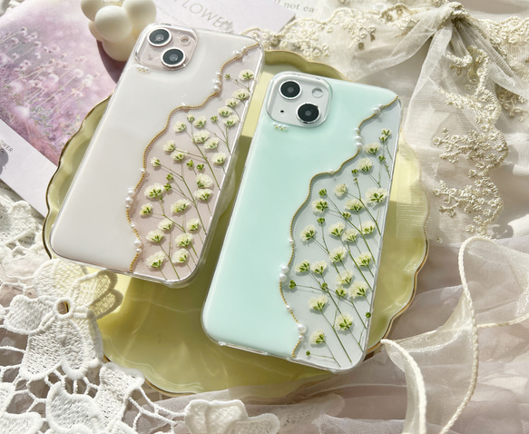 【3color】春の色 かすみ草 パステルカラー 押し花スマホケース 【ハイブリッドケース対応可】全機種対応 5枚目の画像