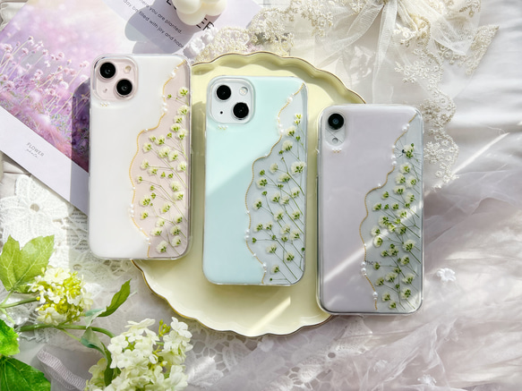 【3color】春の色 かすみ草 パステルカラー 押し花スマホケース 【ハイブリッドケース対応可】全機種対応 14枚目の画像