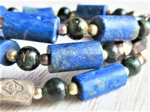 【B35】　ネックレス　エジプト調　ラピス　ブルータイガーアイ　銀細工　虎目石　天然石　天然石ビーズアクセサリー 8枚目の画像