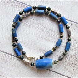 【B35】　ネックレス　エジプト調　ラピス　ブルータイガーアイ　銀細工　虎目石　天然石　天然石ビーズアクセサリー 2枚目の画像