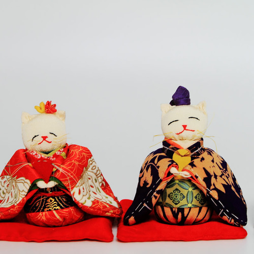桃の節句・ひな祭り ちりめん古布『ねこのお雛様とお内裏様 』人形
