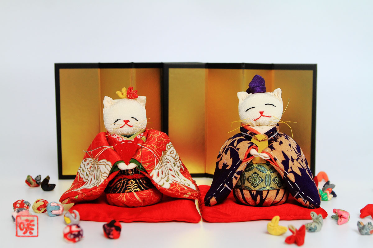 桃の節句・ひな祭り ちりめん古布『ねこのお雛様とお内裏様 』人形　手作りねこ雛 A