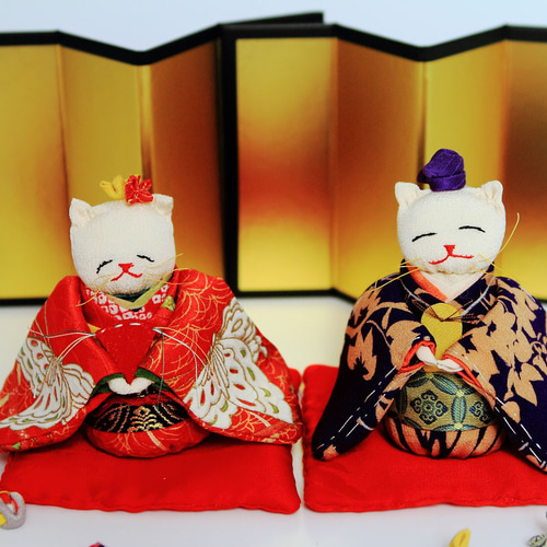 桃の節句・ひな祭り ちりめん古布『ねこのお雛様とお内裏様 』人形