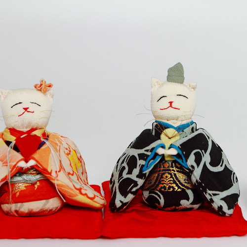 桃の節句・ひな祭り ちりめん古布『ねこのお雛様とお内裏様 』人形