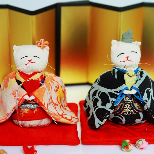 桃の節句・ひな祭り ちりめん古布『ねこのお雛様とお内裏様 』人形