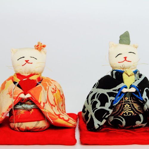 桃の節句・ひな祭り ちりめん古布『ねこのお雛様とお内裏様 』人形