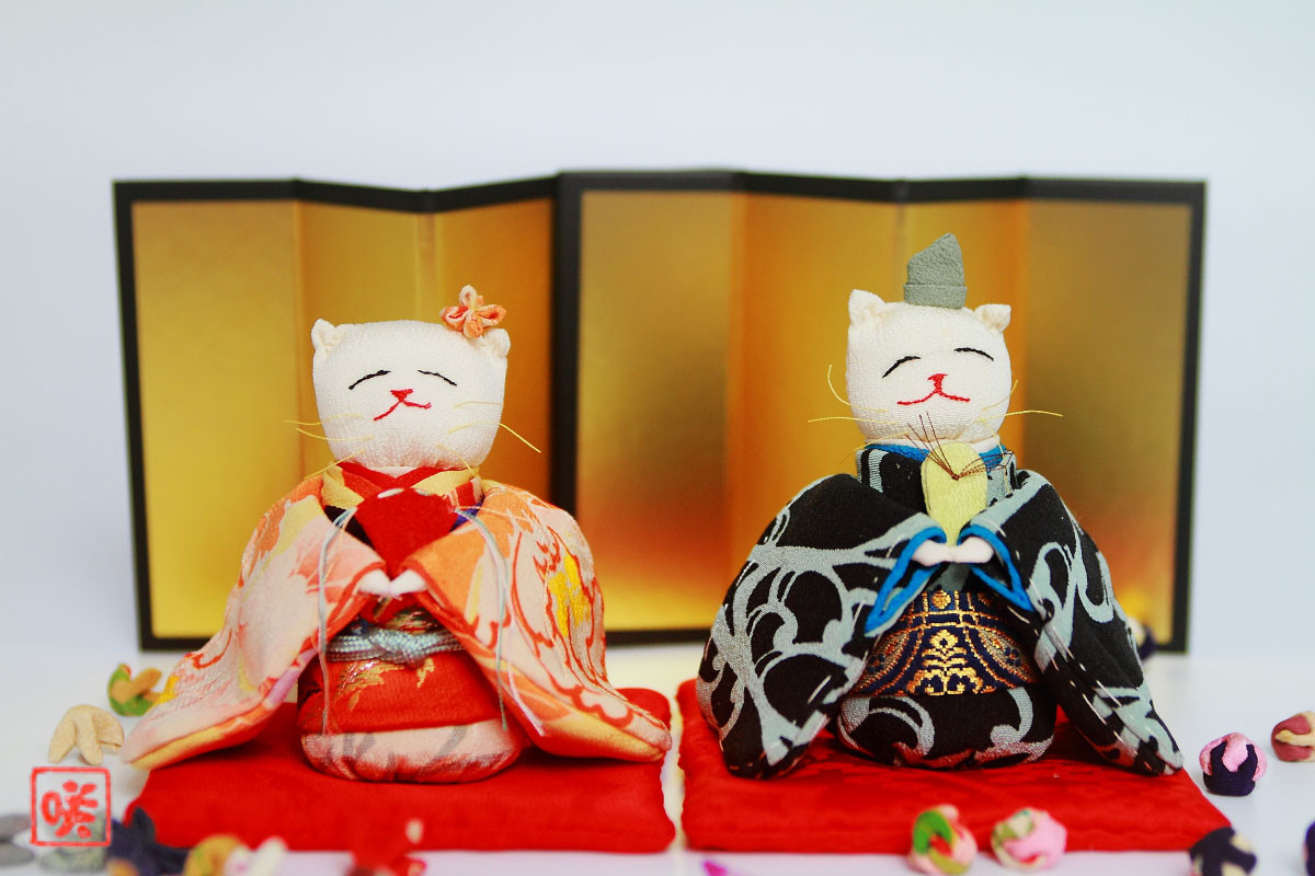 桃の節句・ひな祭り ちりめん古布『ねこのお雛様とお内裏様 』人形　手作りねこ雛 B