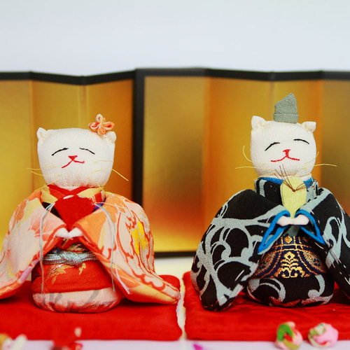桃の節句・ひな祭り ちりめん古布『ねこのお雛様とお内裏様 』人形