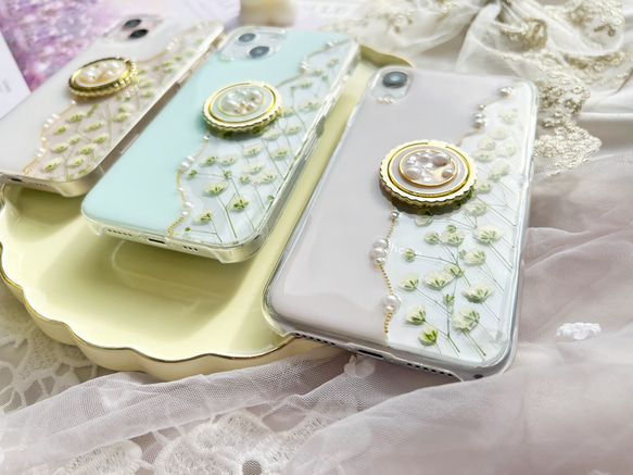 【3color】春の色 かすみ草 パステルカラー 押し花スマホケース 【ハイブリッドケース対応可】全機種対応 13枚目の画像