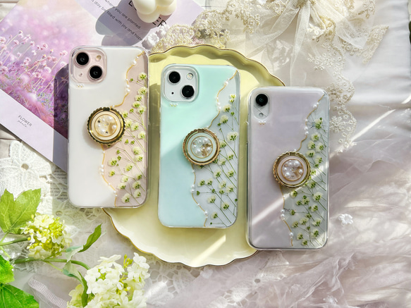 【3color】春の色 かすみ草 パステルカラー 押し花スマホケース 【ハイブリッドケース対応可】全機種対応 14枚目の画像