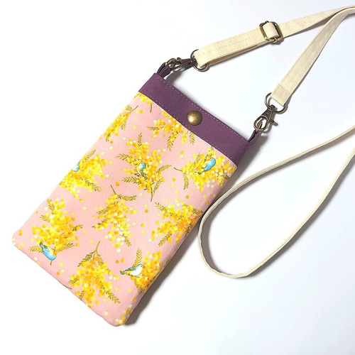 【お取り置き品】トート もみじ鳥 /金桜 /サコッシュ / スマホポーチ 3ポケ・ショルダー付き】 ミモザと幸せの青い鳥 スマホショルダー
