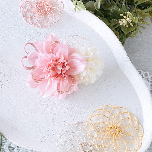 ベビーキッズ　華やかミニダリアの髪飾りP  ベビーヘアバンド　ヘアクリップ　お宮参り　ハーフバースデー　初節句　七五三　 9枚目の画像