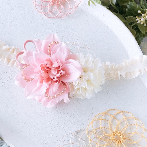 ベビーキッズ　華やかミニダリアの髪飾りP  ベビーヘアバンド　ヘアクリップ　お宮参り　ハーフバースデー　初節句　七五三　 11枚目の画像