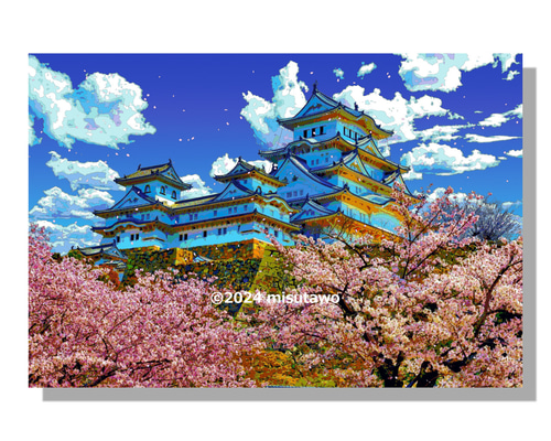 堀から見上げる桜の姫路城、佐原聖春、F15号油絵