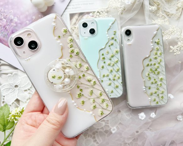 3color】春の色 かすみ草 パステルカラー 押し花スマホケース 