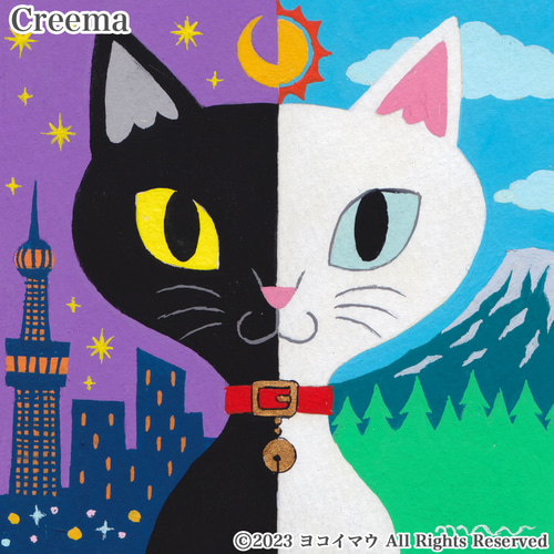 原画「オセロ猫 白猫と黒猫のひみつ」ふしぎな猫のアート絵画