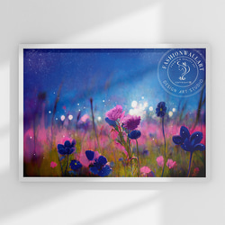 モダン 幻想的な夜明け 星空 青とピンクの花畑 インテリアポスター 海外アート / 5289 1枚目の画像
