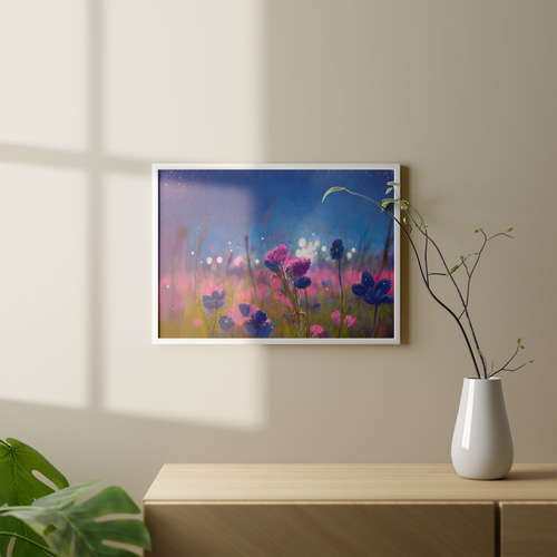 アートポスター 夜空の花畑 青とピンク 幻想アート 星空 フラワー