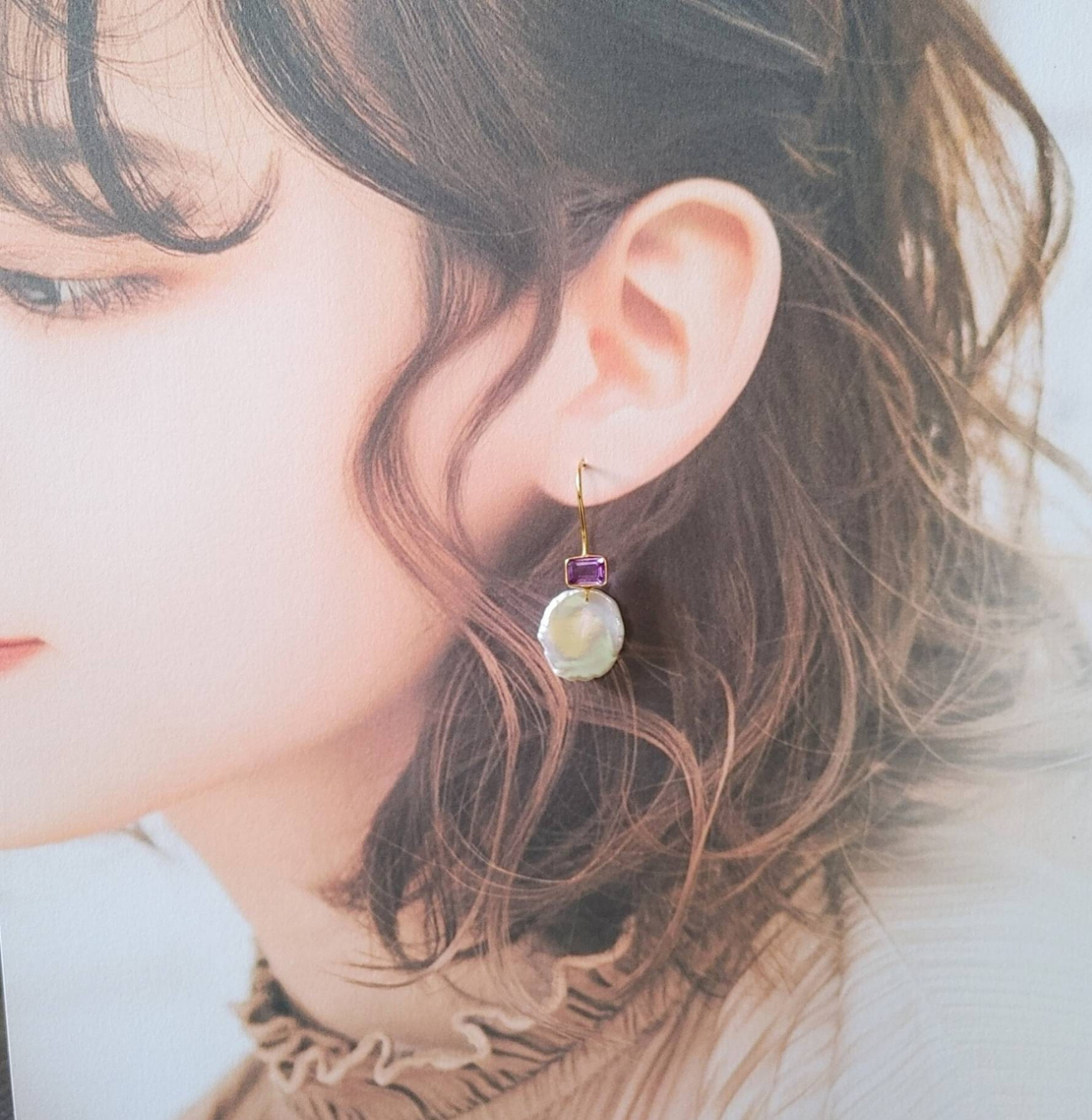 淡水花びらパール、アメジスト☆ヴェルメイユピアス