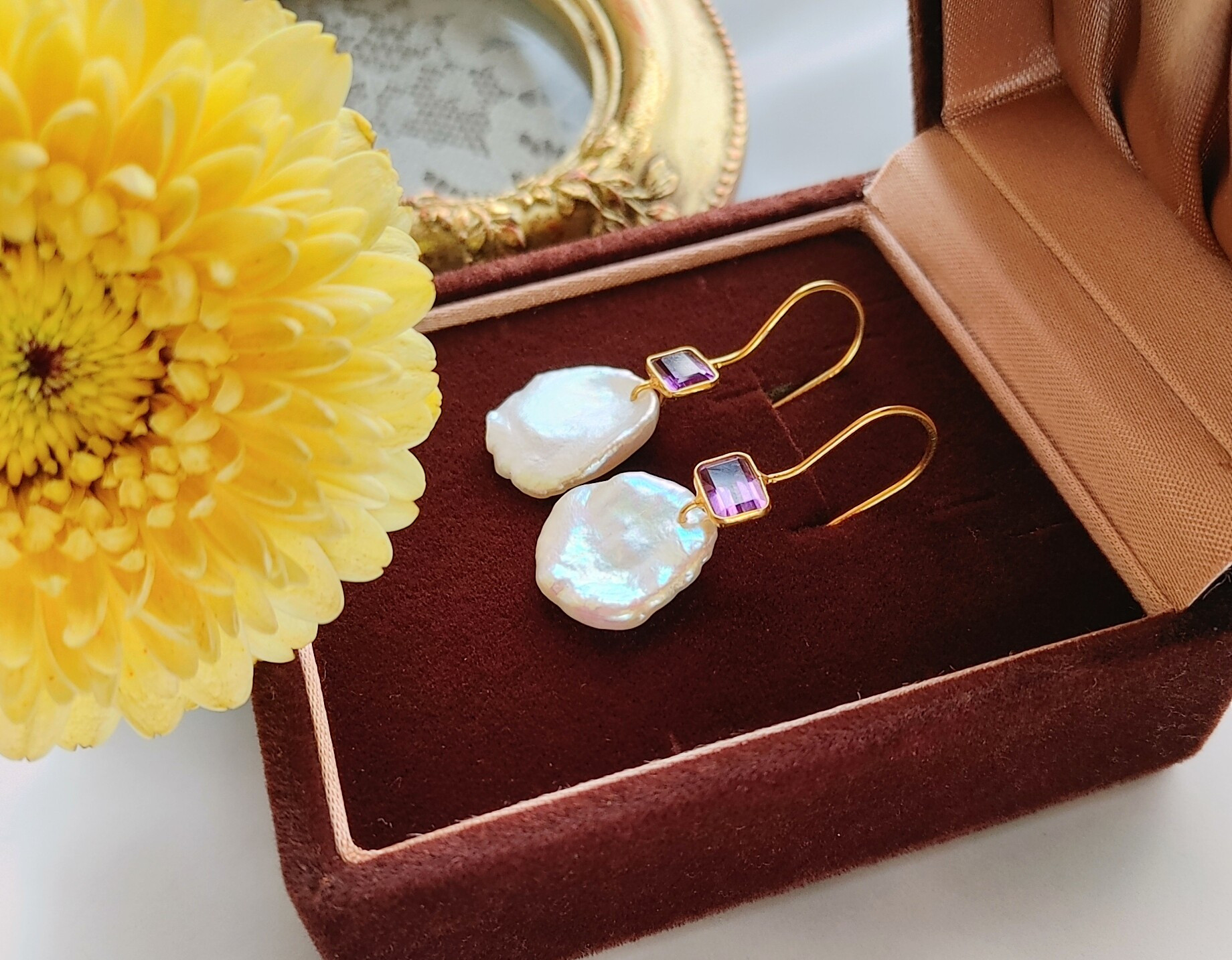 淡水花びらパール、アメジスト☆ヴェルメイユピアス