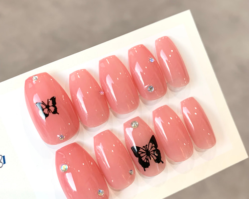 ネイルチップ 韓国 Y2K ピンク 蝶々 うるうる ネイルチップ