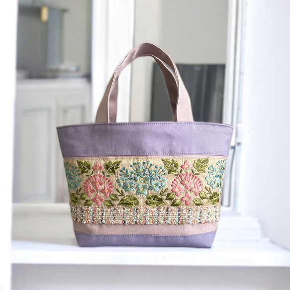 紫陽花 インド刺繍×キラキラツイード 帆布/トートバッグ 4枚目の画像