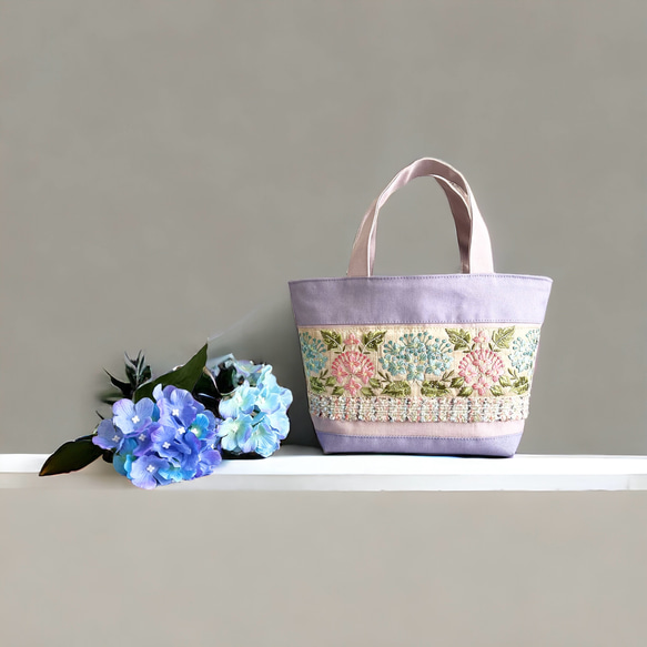 紫陽花 インド刺繍×キラキラツイード 帆布/トートバッグ 3枚目の画像