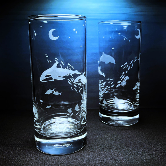 「月夜の海」 イルカ・シャチ ペアグラス 2枚目の画像