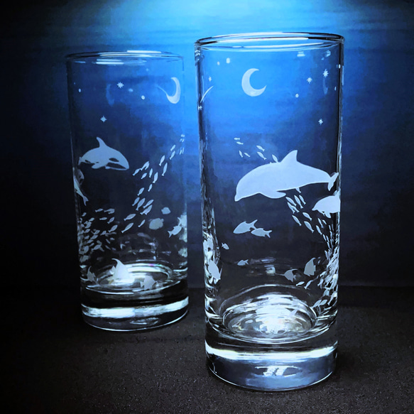 「月夜の海」 イルカ・シャチ ペアグラス 1枚目の画像