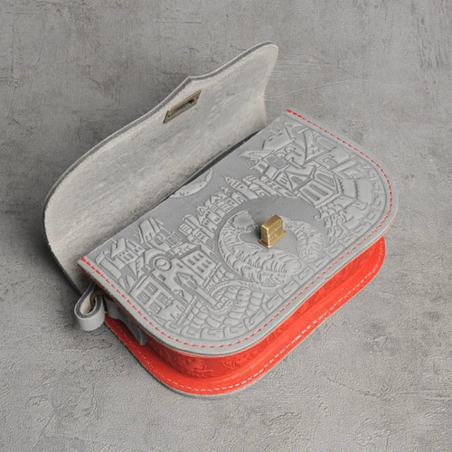 猫柄レザーバッグ(グレー×オレンジ) ショルダーバッグ Kocka・Macka  