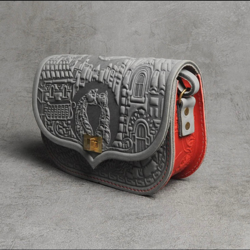 猫柄レザーバッグ(グレー×オレンジ) ショルダーバッグ Kocka・Macka  