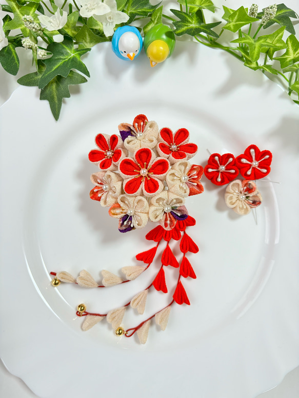 つまみ細工 髪飾り 七五三 成人式 結婚式 卒業式 着物 朱赤 ヘッド