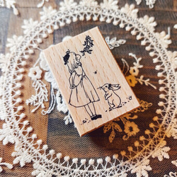 木製スタンプ うさぎと女の子♡ コラージュ素材 はんこ ジャンクジャーナル 1枚目の画像