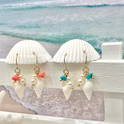 巻貝＆海の泡ピアス / ターコイズ SHELOOMオリジナル ピアス（フック