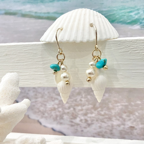 巻貝＆海の泡ピアス / ターコイズ SHELOOMオリジナル ピアス