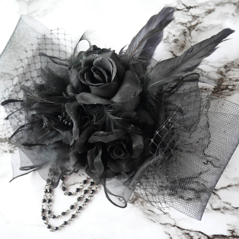 黒薔薇 ブラック ブーケ ネット チュール コサージュ ヘッド アクセサリー