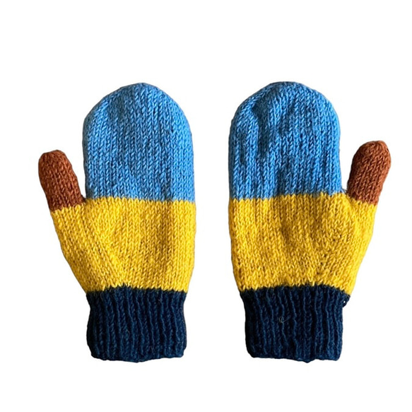 送料無料♪⑤エスニック ネパール ウール手編みミトン手袋 ハンドウォーマー グローブ カルテット ボーダー ライトブルー 2枚目の画像