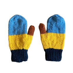 送料無料♪⑤エスニック ネパール ウール手編みミトン手袋 ハンドウォーマー グローブ カルテット ボーダー ライトブルー 3枚目の画像