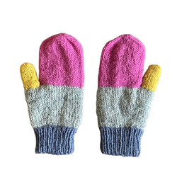 送料無料♪⑤エスニック ネパール ウール手編みミトン手袋 ハンドウォーマー グローブ カルテット ボーダー ピンク 3枚目の画像