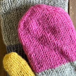 送料無料♪⑤エスニック ネパール ウール手編みミトン手袋 ハンドウォーマー グローブ カルテット ボーダー ピンク 4枚目の画像