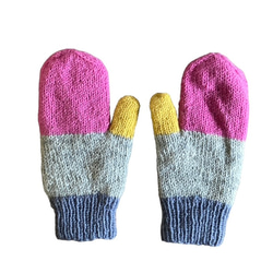 送料無料♪⑤エスニック ネパール ウール手編みミトン手袋 ハンドウォーマー グローブ カルテット ボーダー ピンク 2枚目の画像