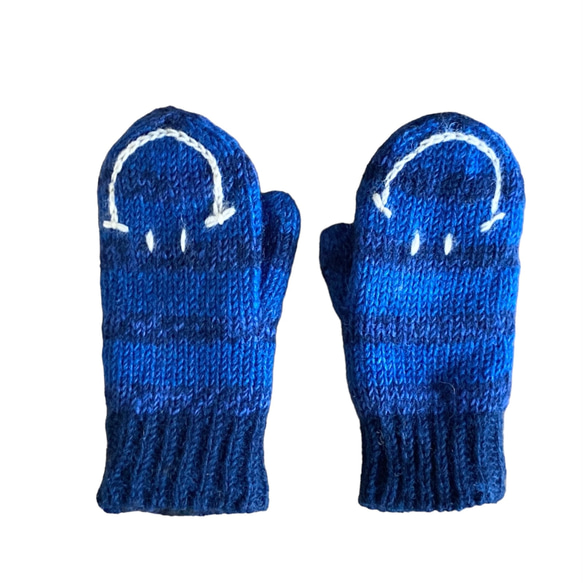 送料無料♪①エスニック ネパール ウール手編みミトン手袋 ハンドウォーマー グローブ スマイリー スマイル ネイビー 2枚目の画像