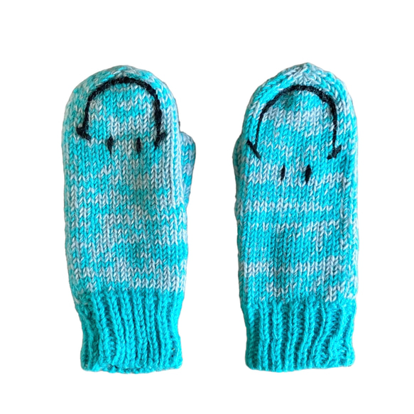 送料無料♪①エスニック ネパール ウール手編みミトン手袋 ハンドウォーマー グローブ スマイリー スマイル ミント 2枚目の画像