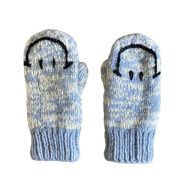 送料無料♪①エスニック ネパール ウール手編みミトン手袋 ハンドウォーマー グローブ スマイリー スマイル ブルー 2枚目の画像