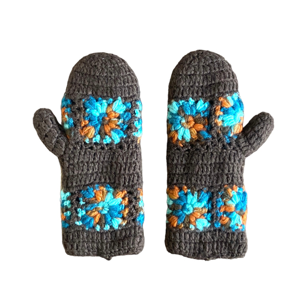 送料無料♪③エスニック ネパール ウール手編みミトン手袋 ハンドウォーマー グローブ クロシェット クロシェ編みブラウン 3枚目の画像