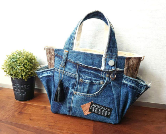 No.395【DENIM✖️knit柄ToteBAG❤️】デニムリメイク トートバッグケーブル編み❇️ 2枚目の画像