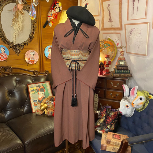 和洋折衷 古着 洗える 化繊 着物 和 ハンドメイド リメイク ワンピース